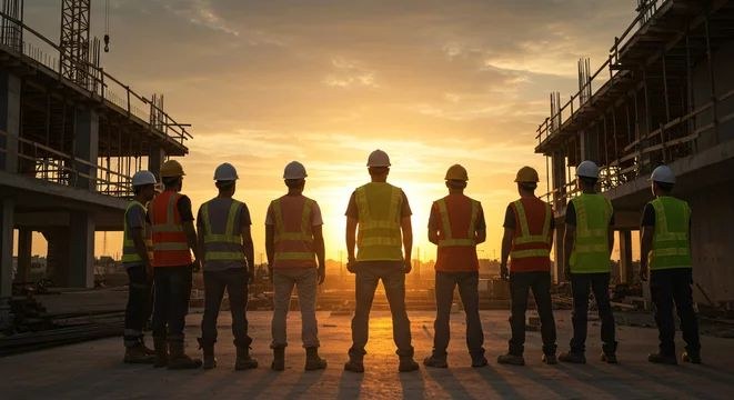 Al Azeem Engineering site crew standing together at sunset on a construction site, construction company Islamabad