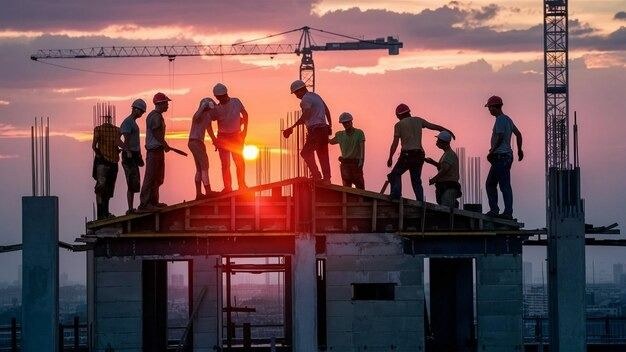 Al Azeem Engineering crew silhouetted on a roof frame at sunset with a tower crane, construction company in Islamabad