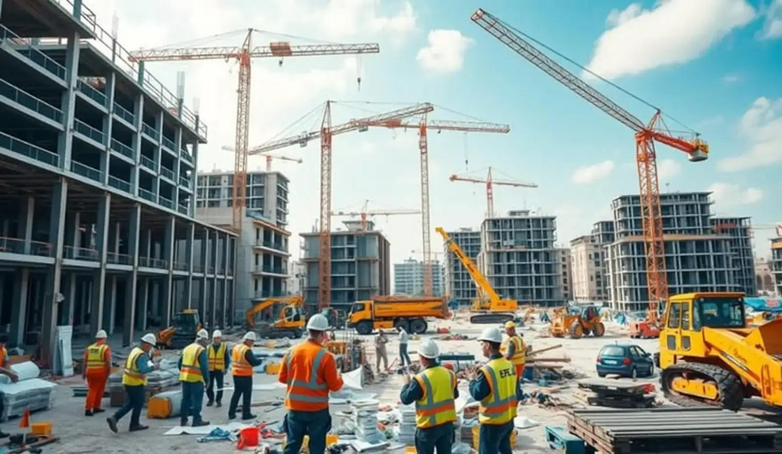 Construction workers and tower cranes on site, best construction company in Islamabad at work