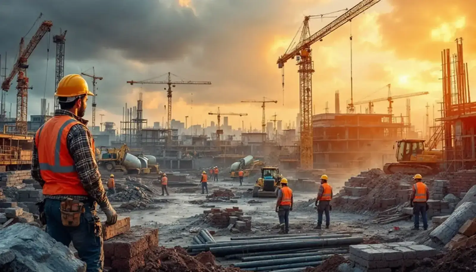 Construction worker overlooking site at sunset, affordable engineering company Islamabad